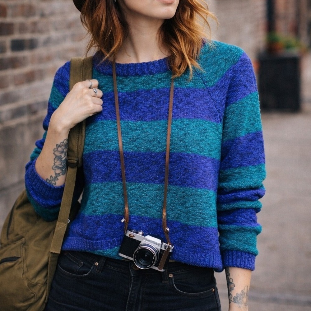 Cherry Stix Ltd Vintage Striped Sweater Blue Teal Marled Knit Pocket Womens M
